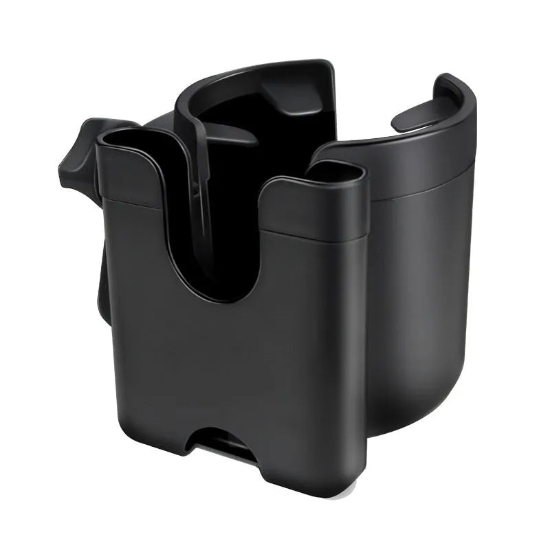 2-in-1 baby stroller cup holder in gray silicone and ABS on a black pushchair handle