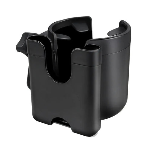 2-in-1 baby stroller cup holder in black and gray silicone and ABS material on handlebars
