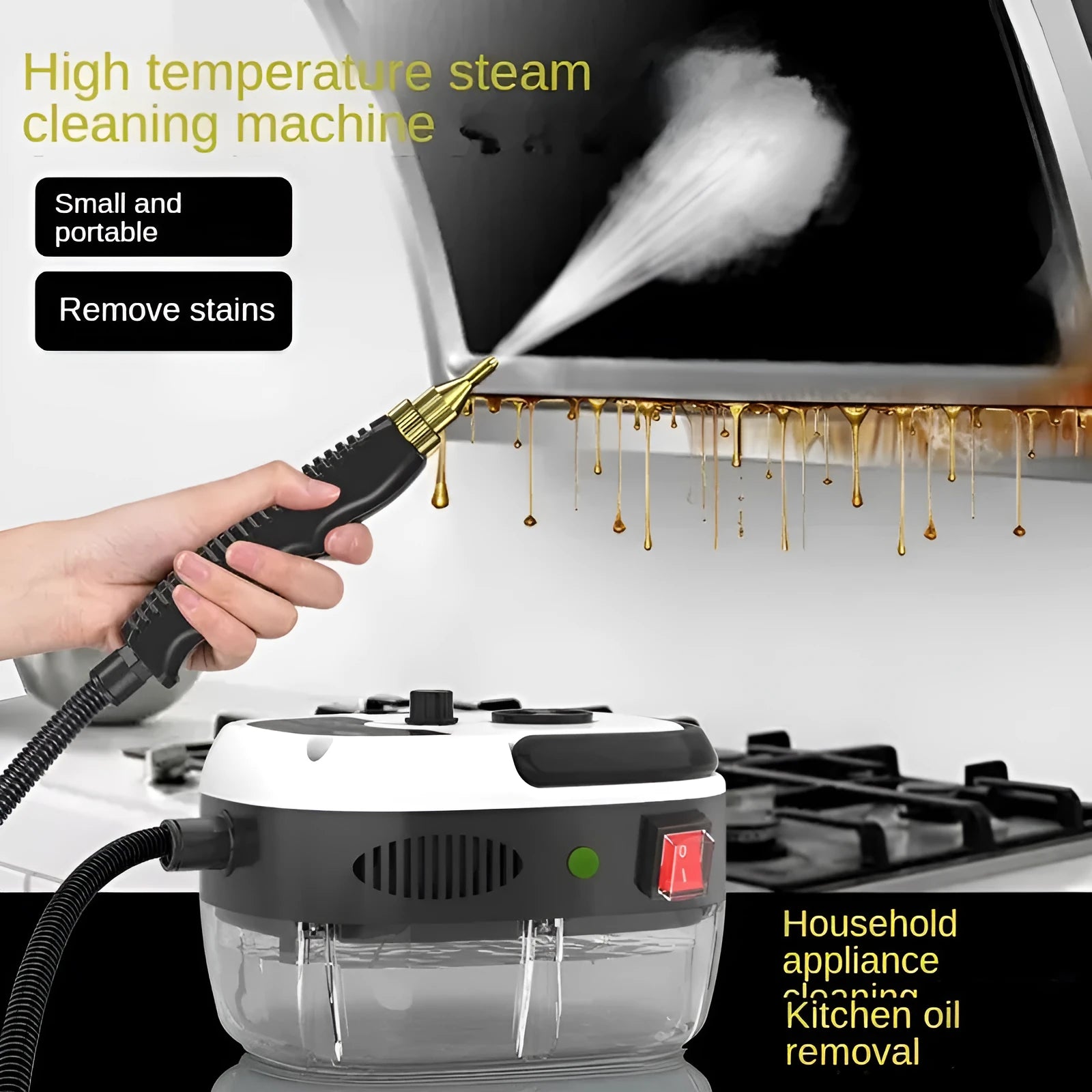 Yellow high-temperature high-pressure steam cleaner with nozzles for cleaning air conditioning and kitchen range hood grease