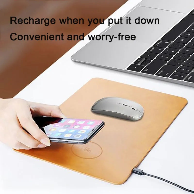 Brown leather wireless charging mouse pad with Micro USB port for desk charging