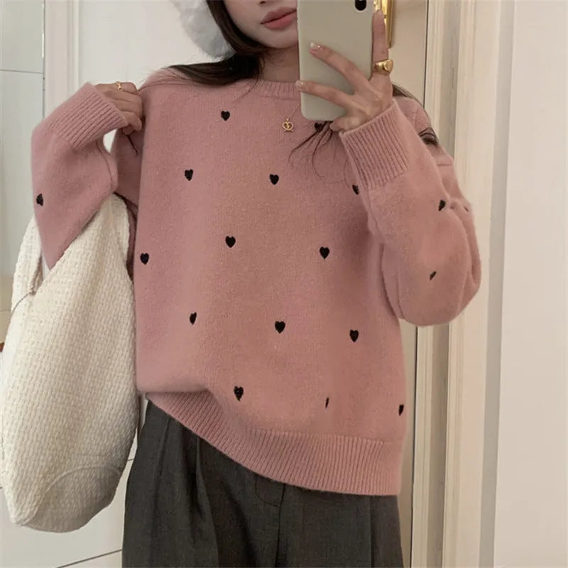 Women's loose fit acrylic pullover sweater with love pattern embroidery in milky white colour