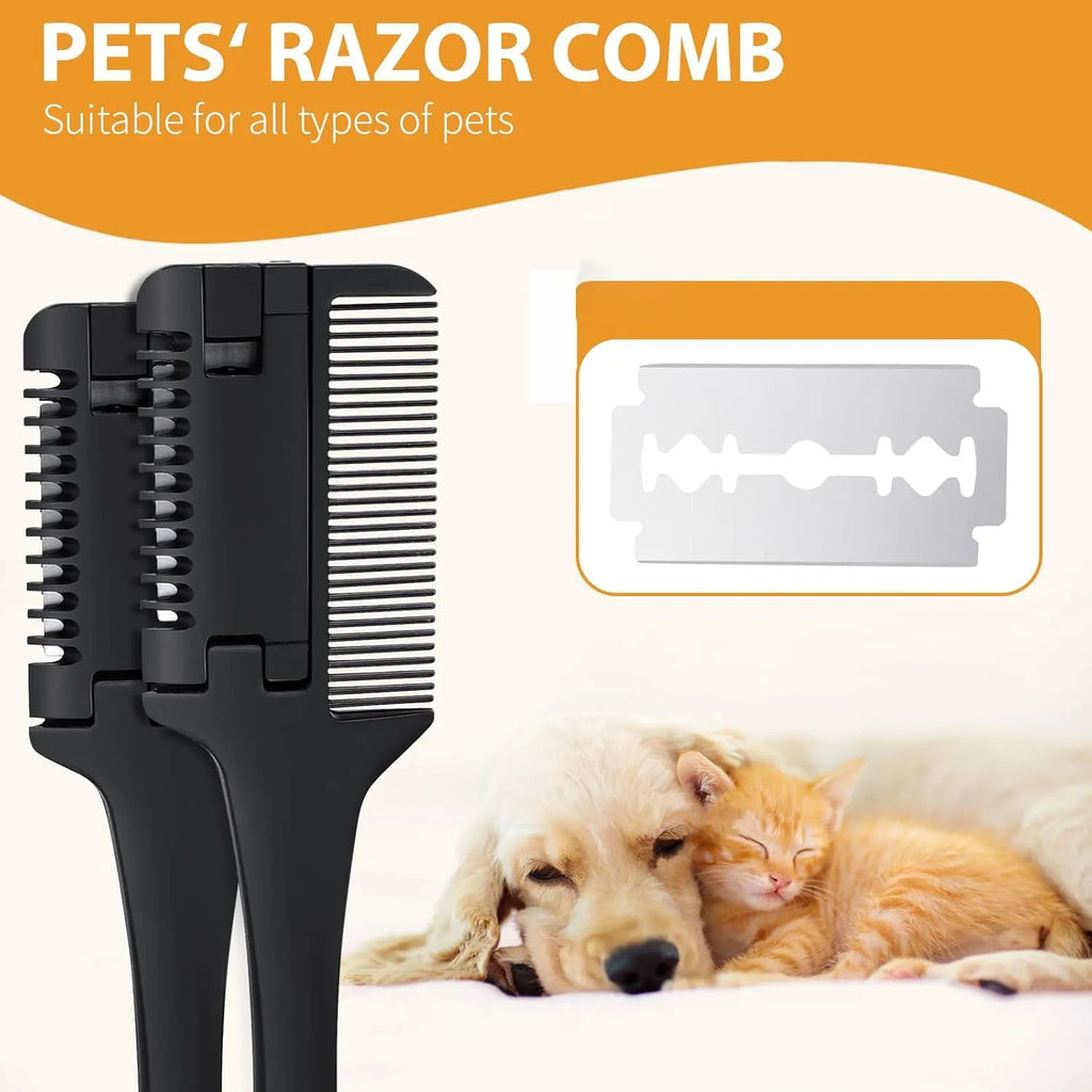 Black pet grooming comb with razor blades and package of ten replacement blades.