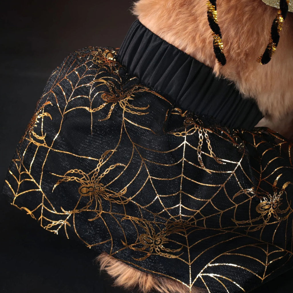 A dog wearing a Halloween costume suit in sizes from small to extra large.