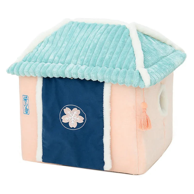 Enclosed cat house villa S size 38x33x41cm with removable washable bed, Tibetan blue curtain option