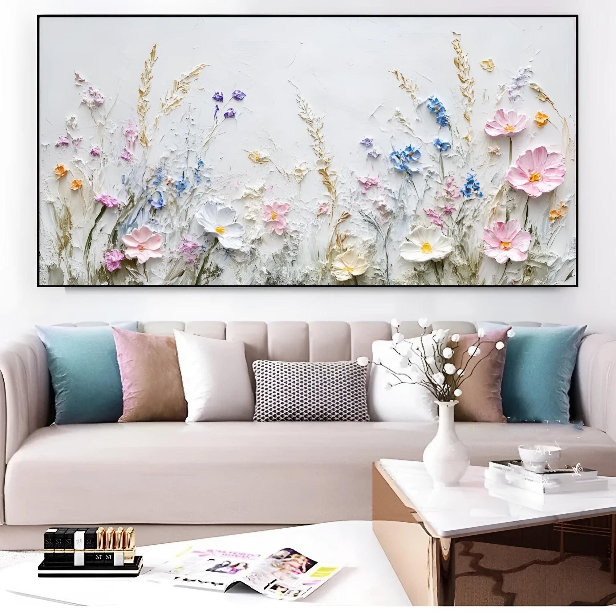 Handmade oil painting canvas wall art with 3D palette knife flowers, modern horizontal design, frameless and unstretched