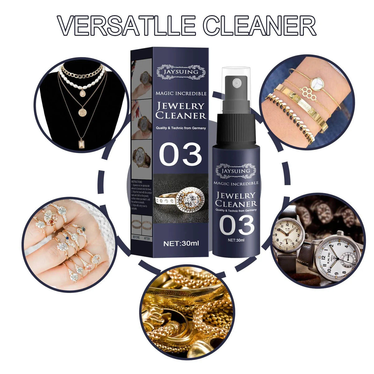 30ml jewellery cleaner in a plastic bottle measuring 13.8cm by 2.9cm for watch straps and jewellery