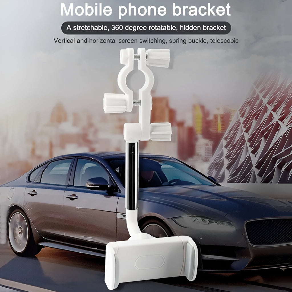 Black ABS car phone holder with 360-degree rotating mechanism mounted on car dashboard