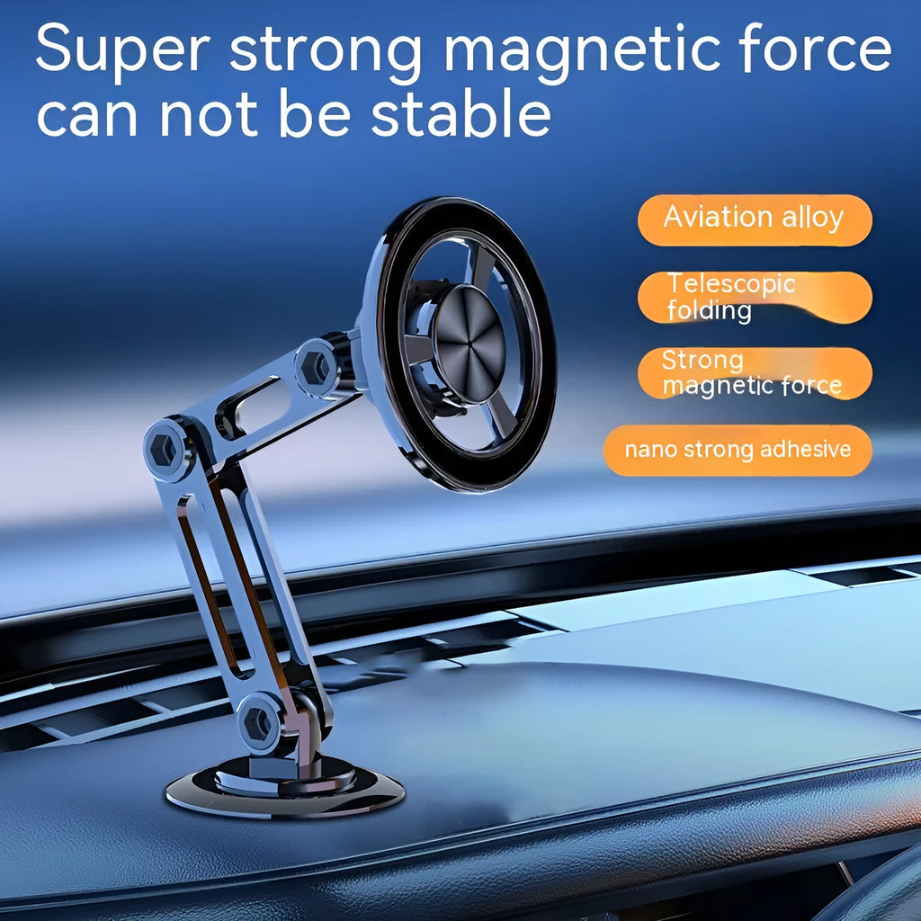 All-metal magnetic car phone holder in silver finish with magnetic ring and adhesive pad