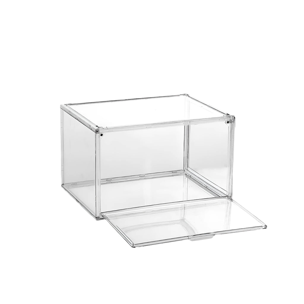 Clear acrylic shoe storage box with magnetic side door showing visible shoe organisation