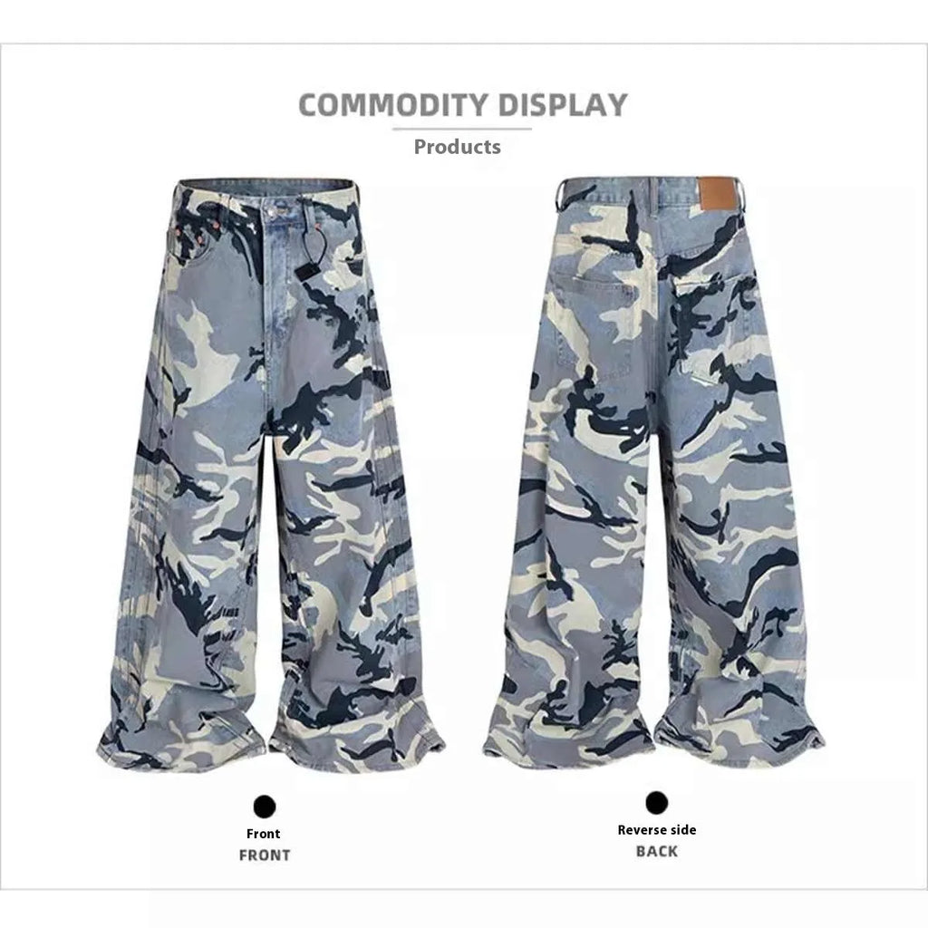 Snow camouflage blue jeans loose fit micro-elastic denim trousers mid waist