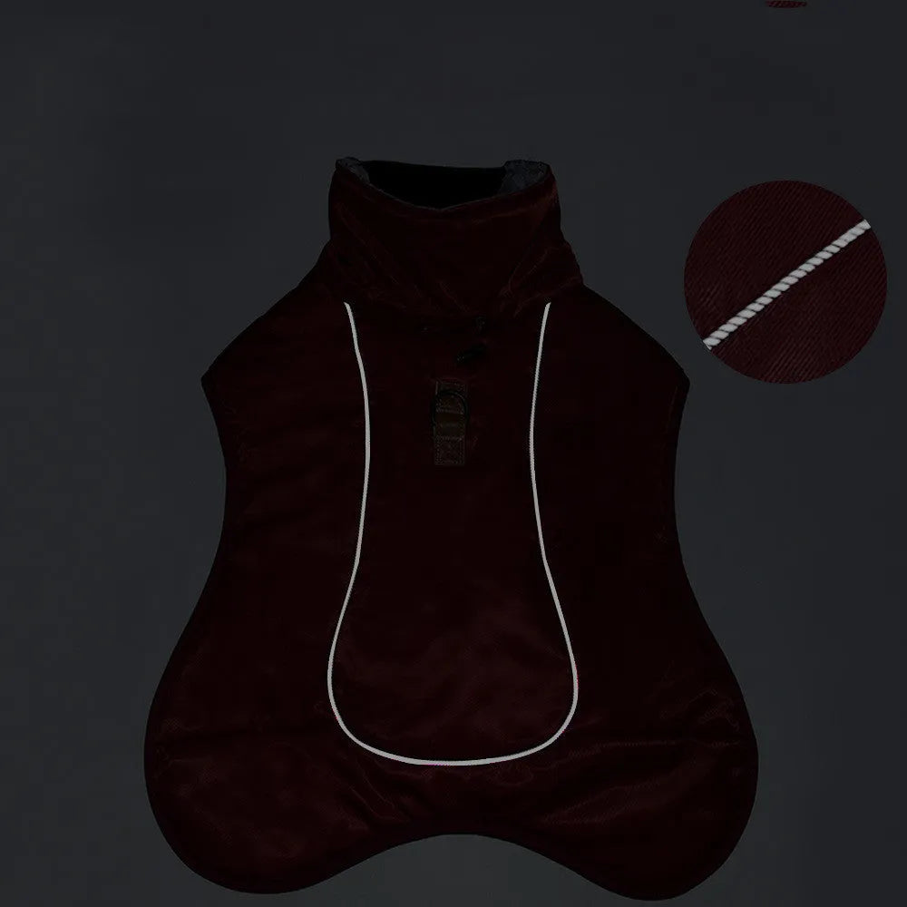 Dog wearing thickened warm reflective cloak-style vest in polyester, available in multiple sizes