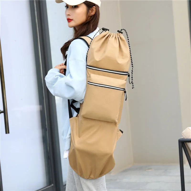 Waterproof nylon skate bag shown in camouflage colour with skateboard carrying capacity