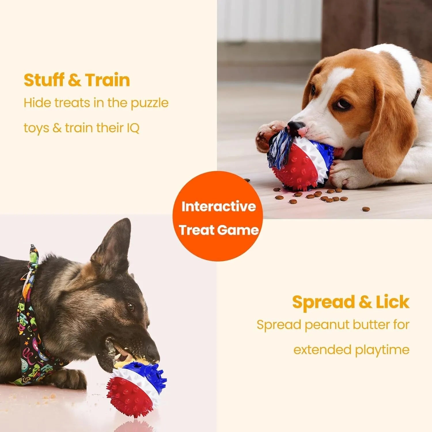 Blue and red TPR rubber squeaky dog ball with treat hole and dental bumps.