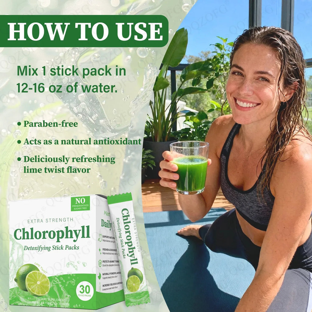 Box of 30 extra strength chlorophyll stick packs with key lime vanilla flavour, showing green powder and individual sachets