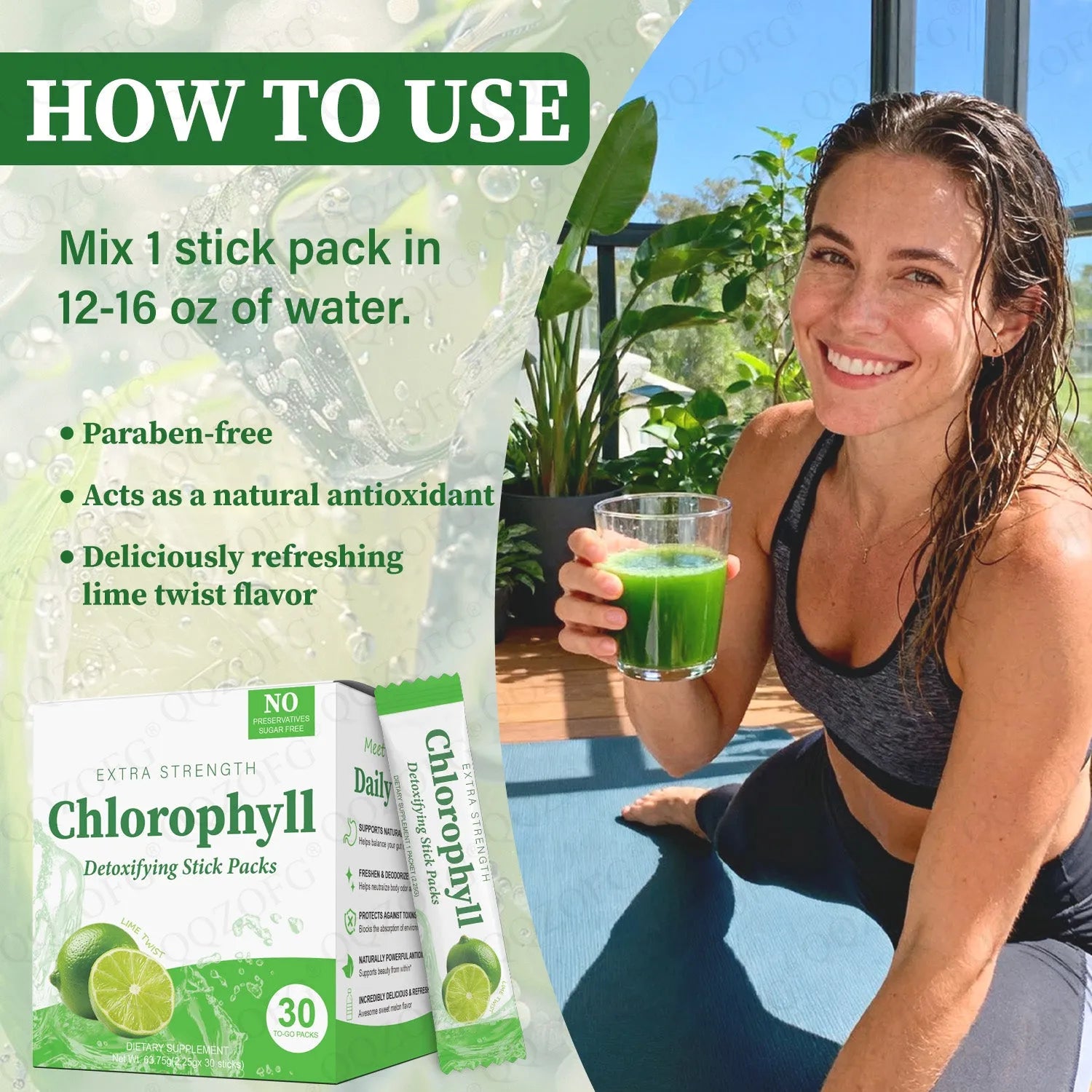 Box of 30 extra strength chlorophyll stick packs with key lime vanilla flavour, showing green powder and individual sachets