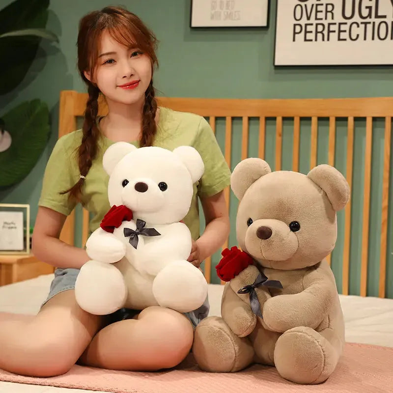 Rose bear plush teddy doll in beige, brown, or grey with PP cotton filling and multiple size options