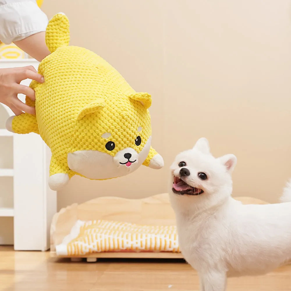 Plush dog calming toy with squeaker for puppy teething and dental care