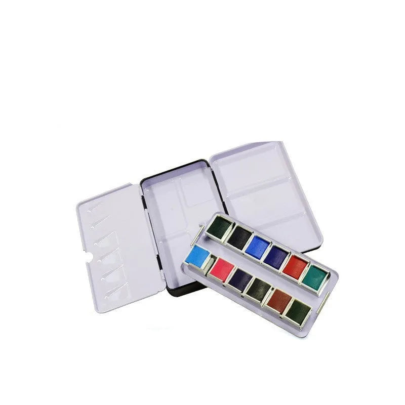Solid watercolour tinplate folding paint box shown in square design, available in three sizes.