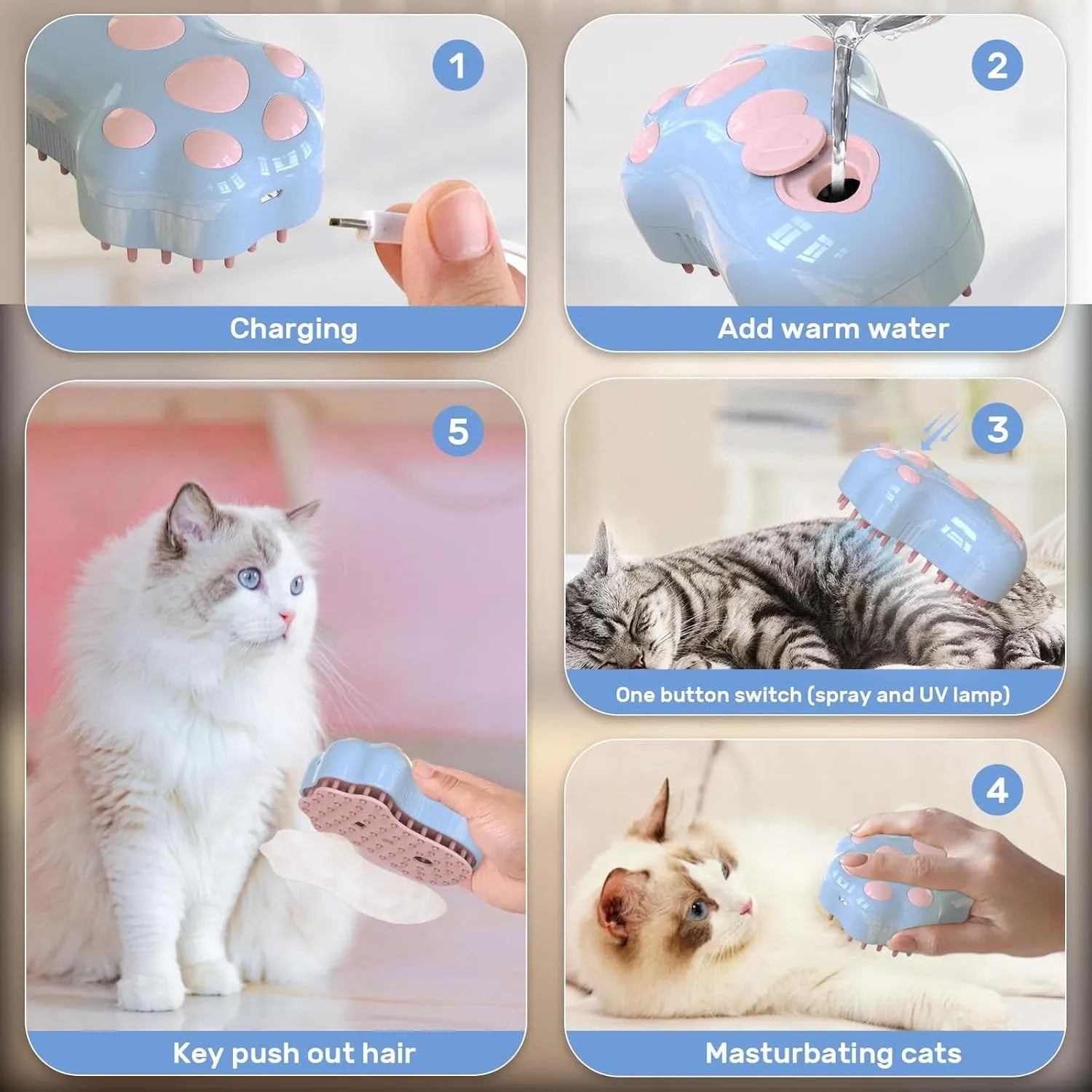 Self-cleaning cat steam brush with silicone bristles, spray nozzle, and release button in blue, green, or pink