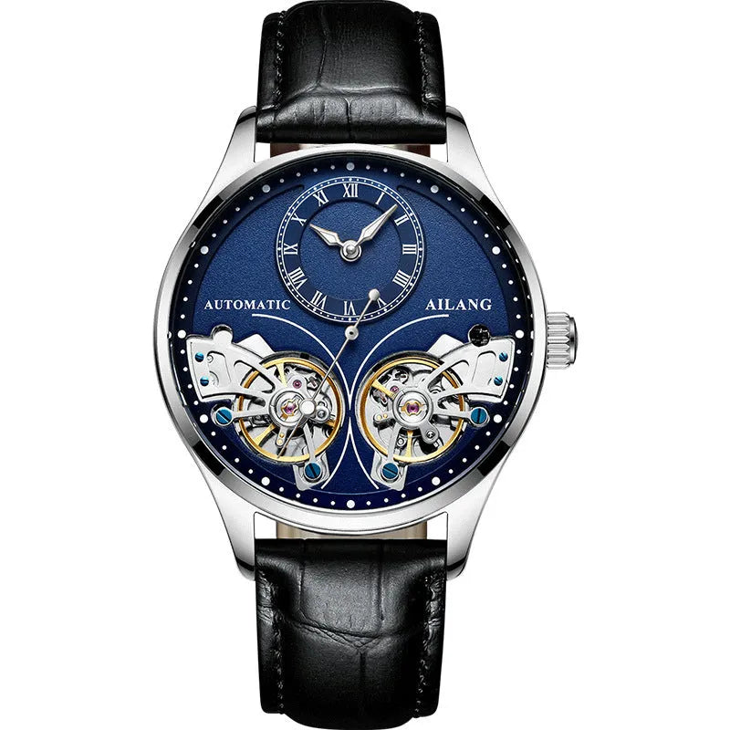 Automatic men's watch with tourbillon and moon phase on a black dial in a titanium case.