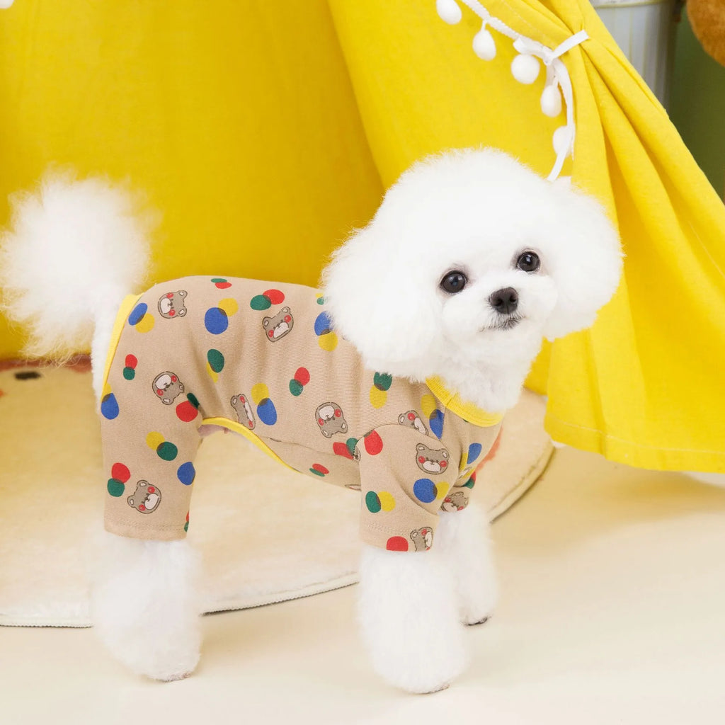 Beige dog jumper with colourful ball bear print, made from cotton and spandex.