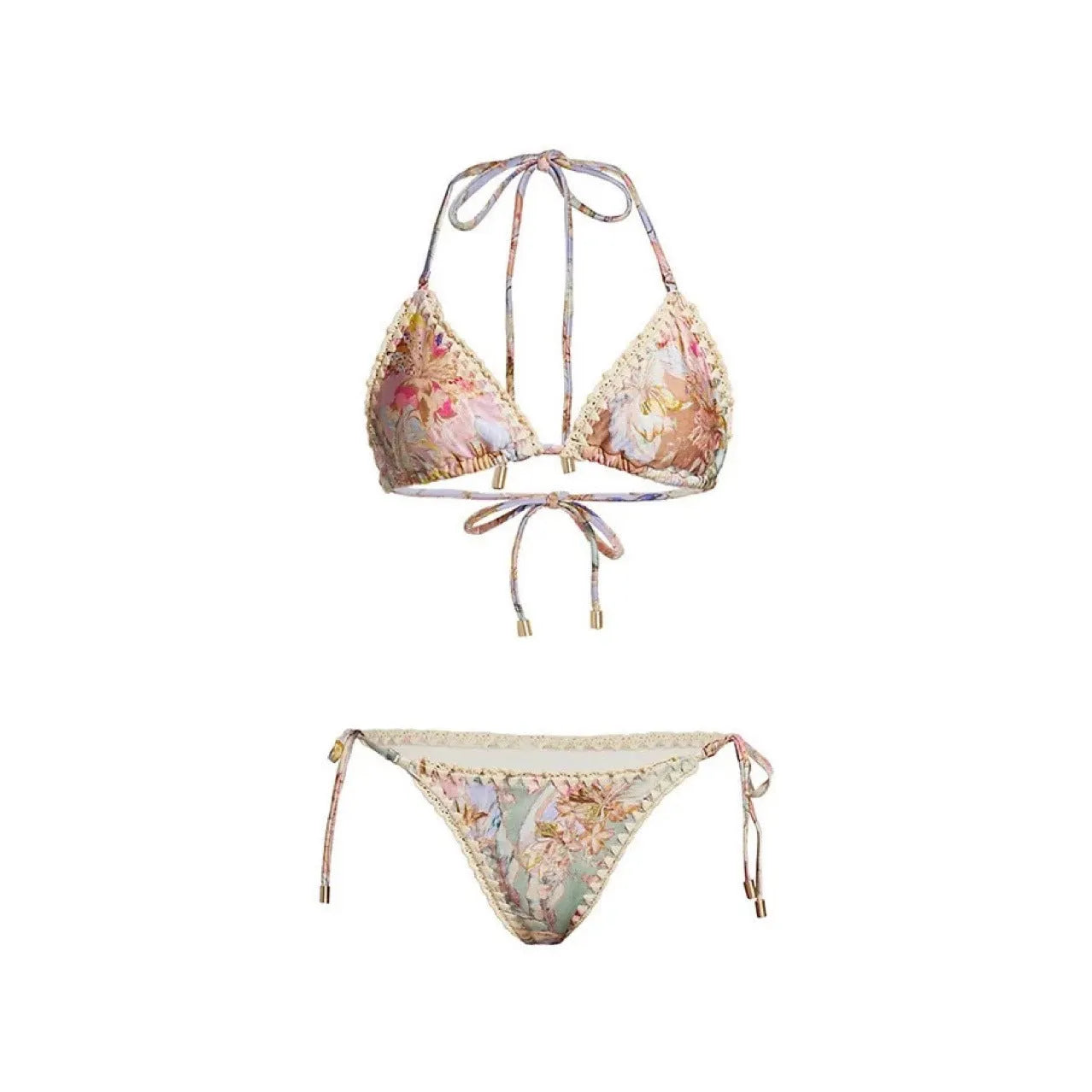 Women's creamy white floral bikini set with top, briefs, and matching skirt on a mannequin.
