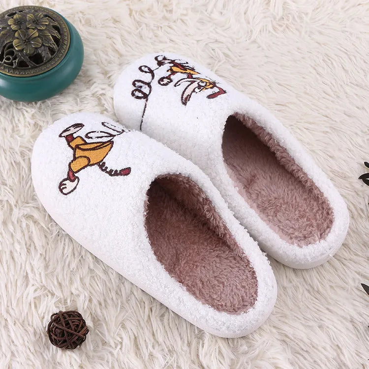 White cartoon pattern plush slippers with non-slip rubber soles