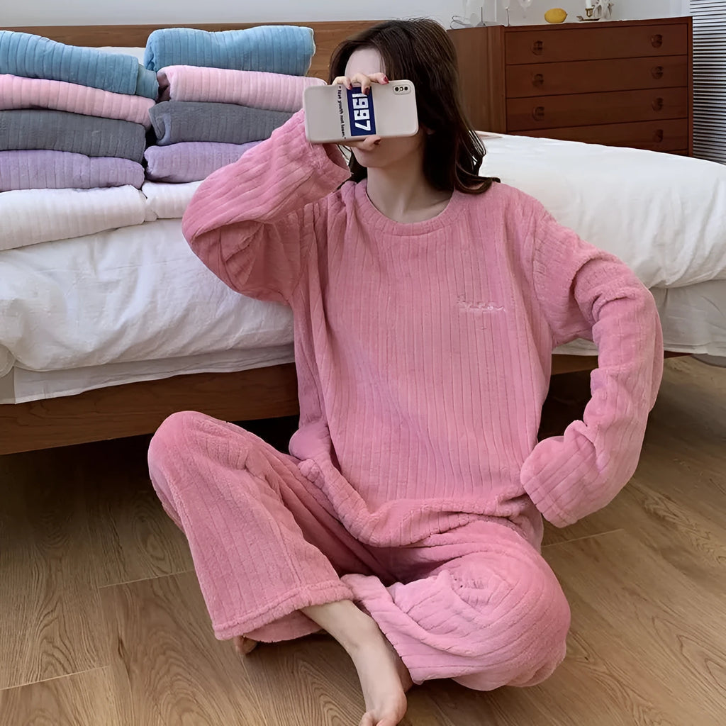New vertical stripe thickened coral fleece home suit pyjama set in blue, white, purple, gray, dark pink, light pink