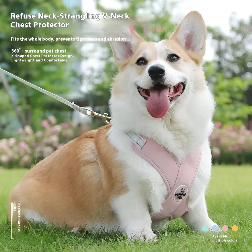 A blue polyester dog vest harness connected to a matching hand-held leash.
