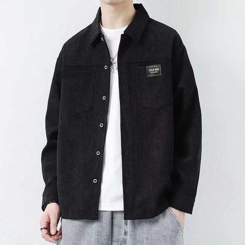 Men's casual corduroy jacket in cardigan style with long sleeves showing colour options