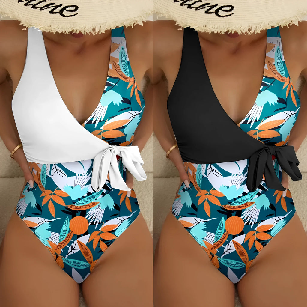 Women's high waist one-piece swimsuit with printed pattern in polyester-nylon quick-drying fabric