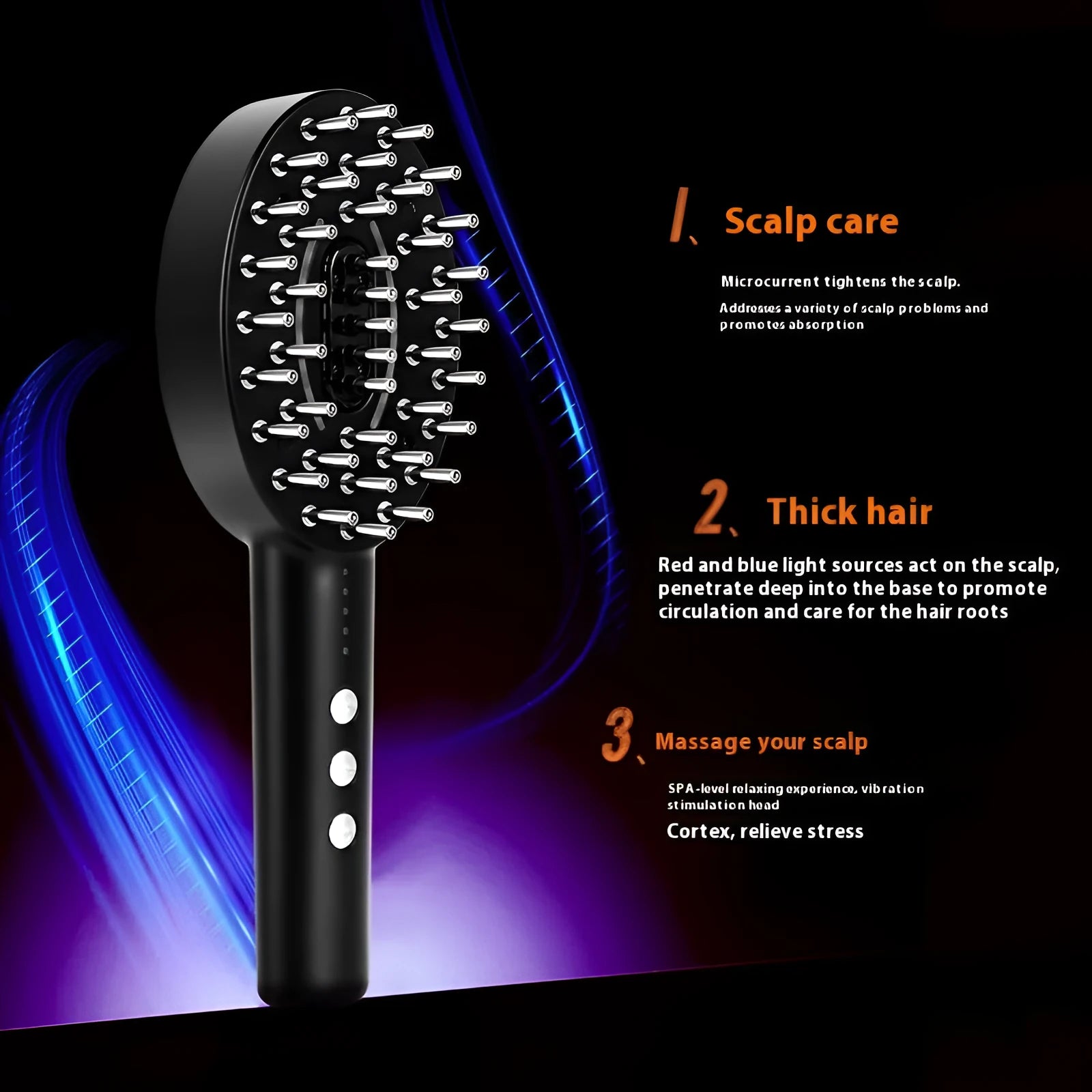 KD3802 Black rechargeable scalp massage device with charging cable on a plain background.