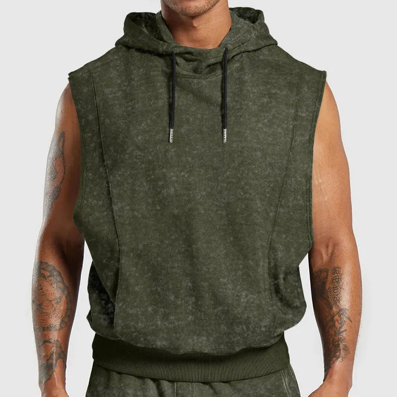 Men's distressed floral sleeveless hooded top in cotton blend, green colour, front view with hood and 3D patch pocket
