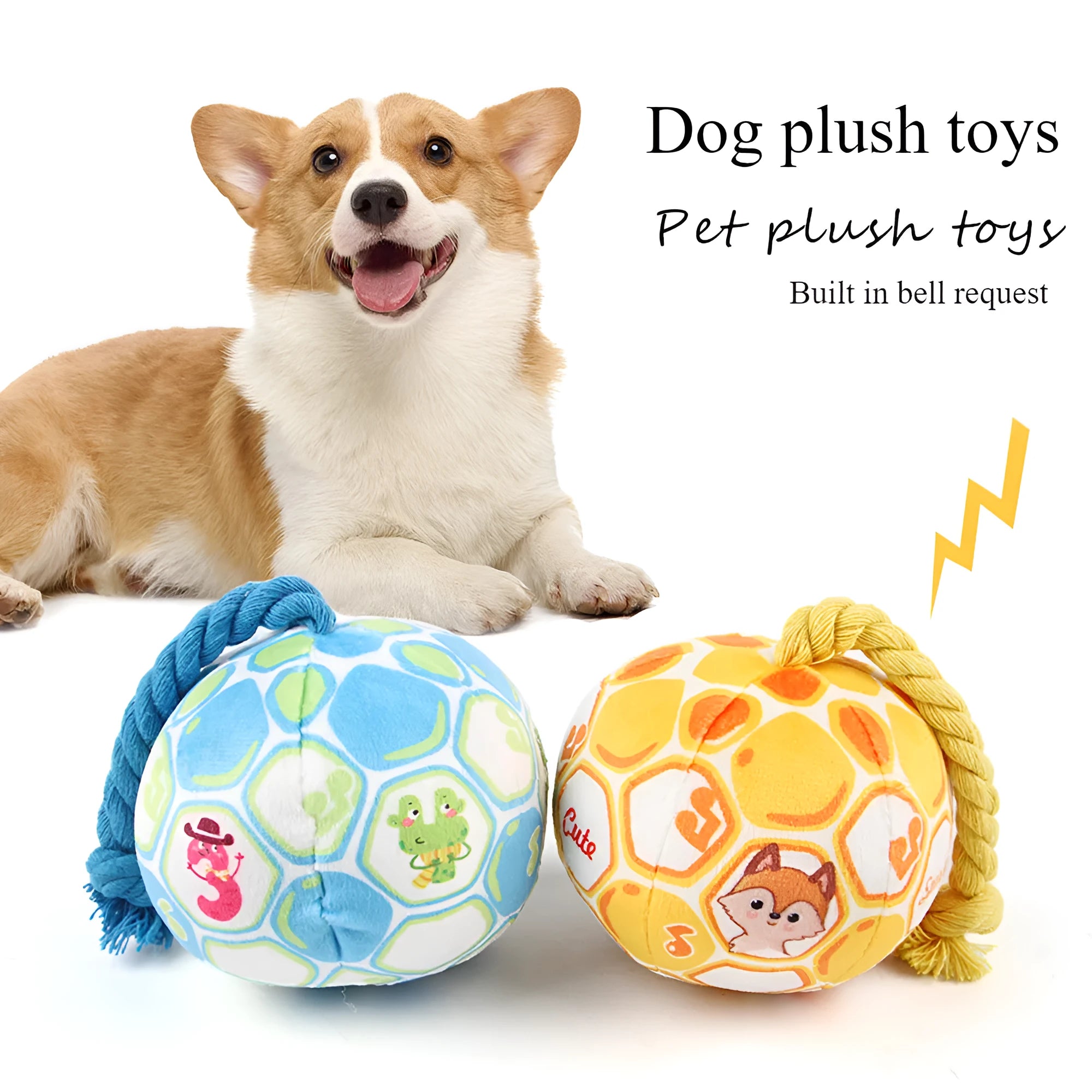 Blue and yellow elastic football tug of war dog toy with cotton rope ball for interactive play