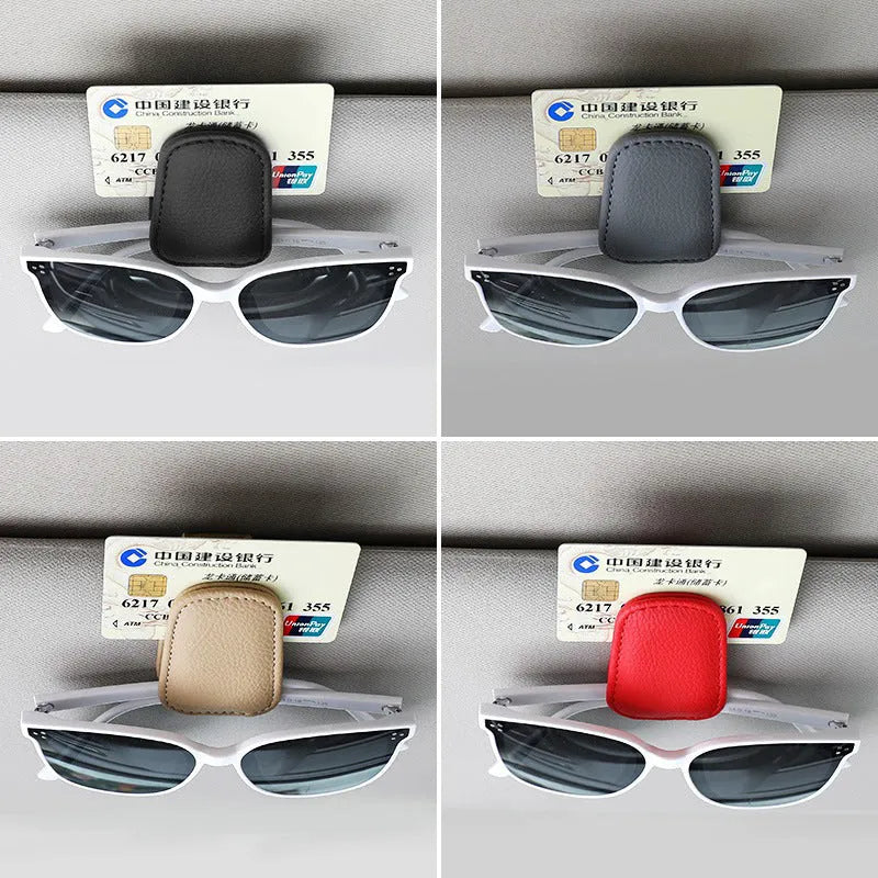 PU leather car sunglasses holder clipped to sun visor in beige colour