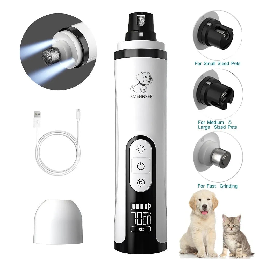 Electric dog nail trimmer device with LED display showing three speed settings for pet grooming