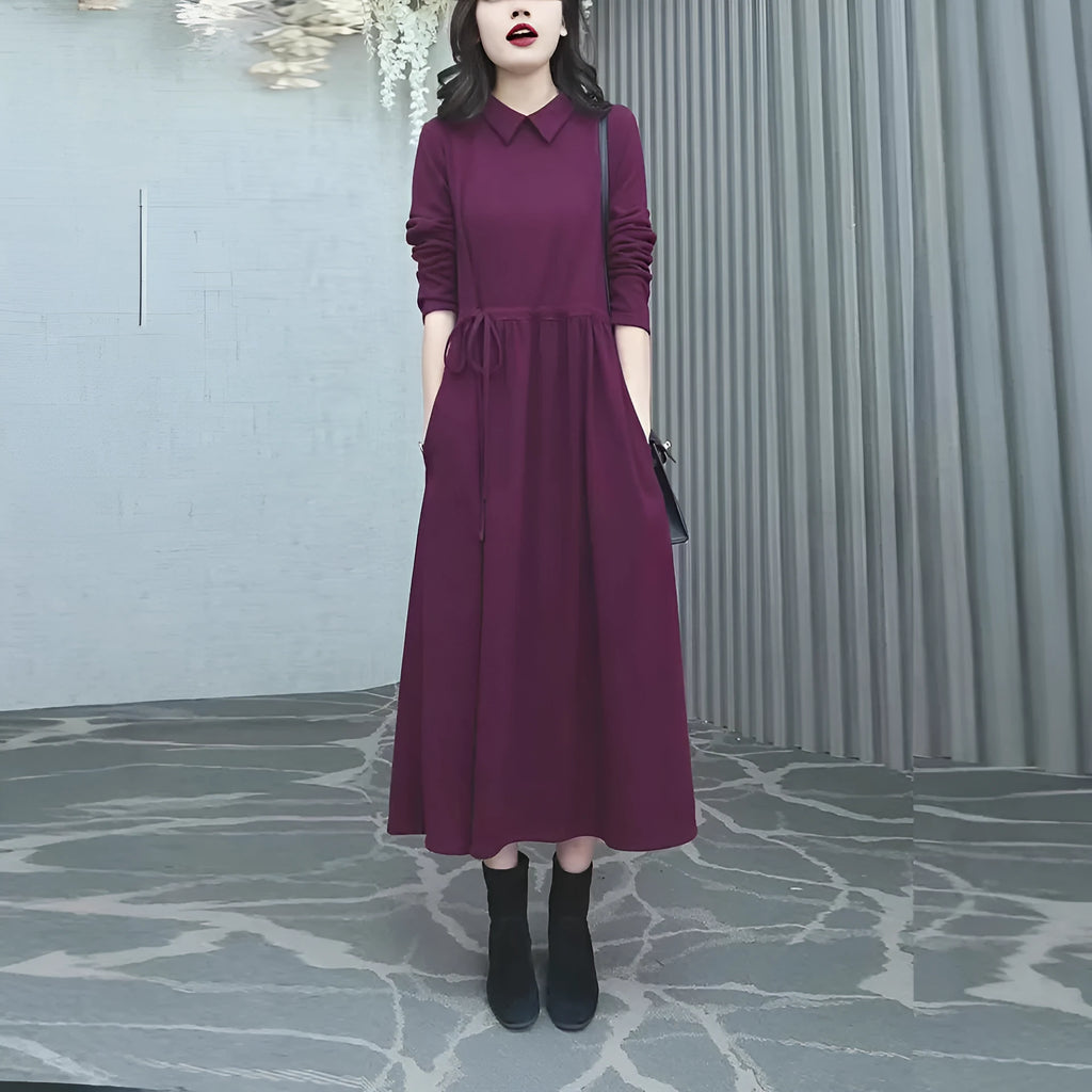Purplish red plus size winter dress with extra long sleeves for women