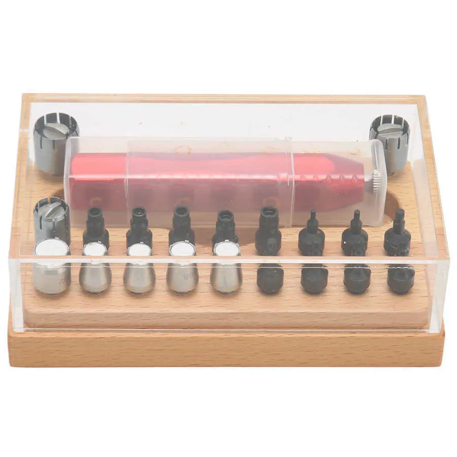20-piece steel watch repair tool set with barrel-opening extracting tubes for watch case maintenance