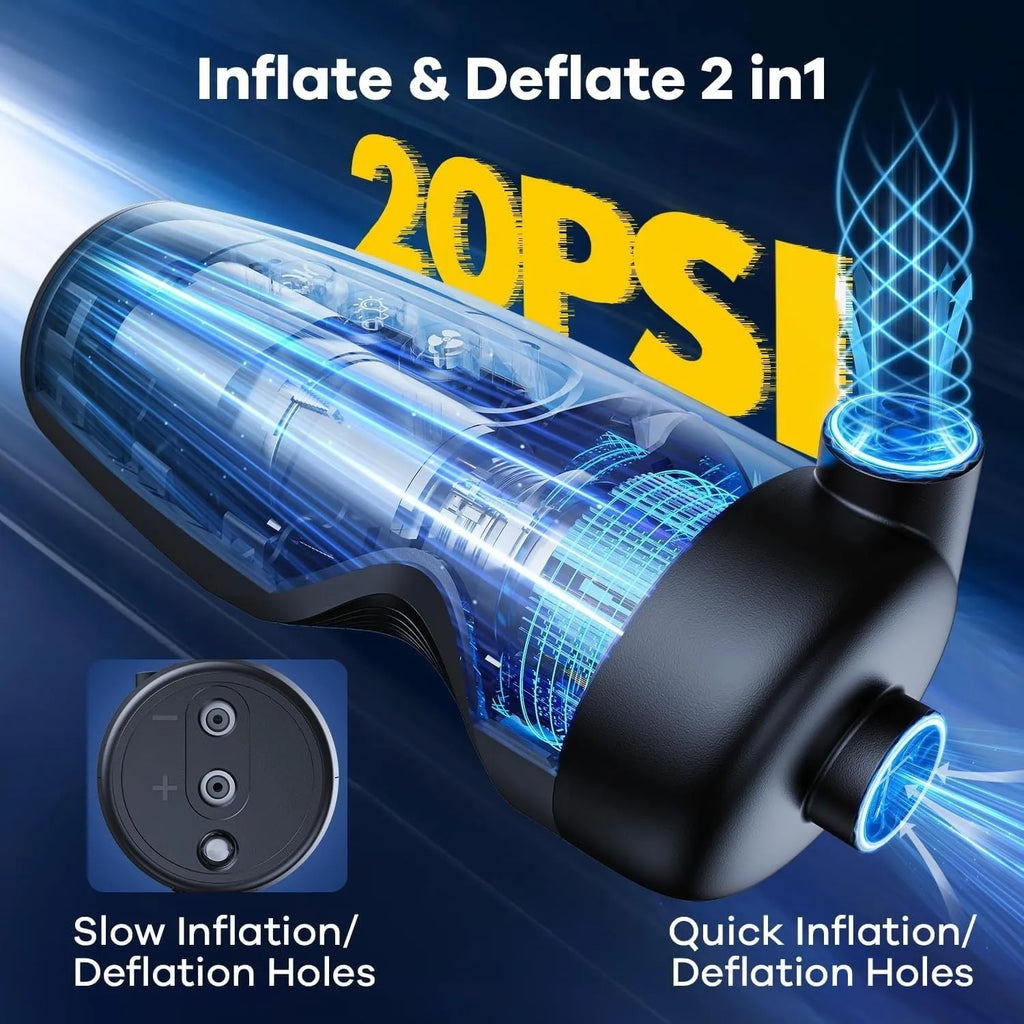 Black portable wireless inflator pump with LED light for outdoor and household use