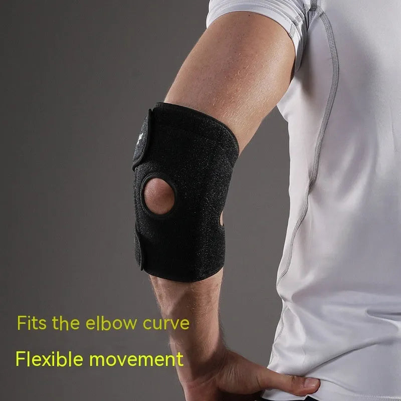 Adjustable black sports elbow guard shown on an arm, suitable for basketball and tennis.