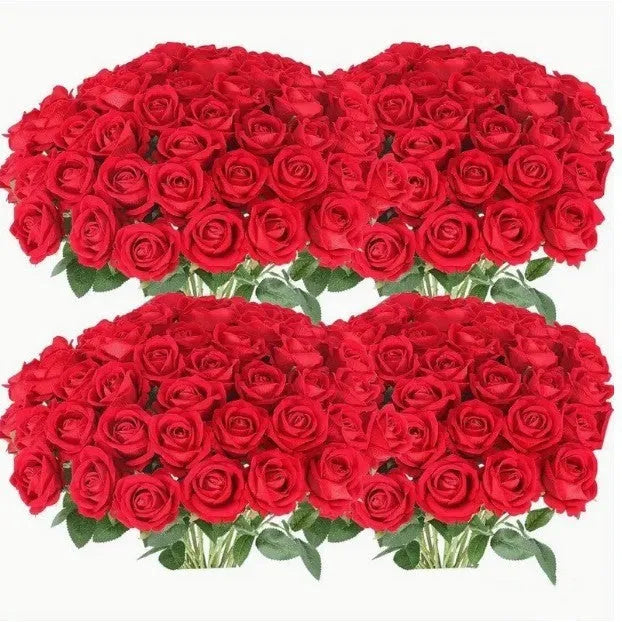 Red artificial silk flower bouquet with plastic stems for home decoration