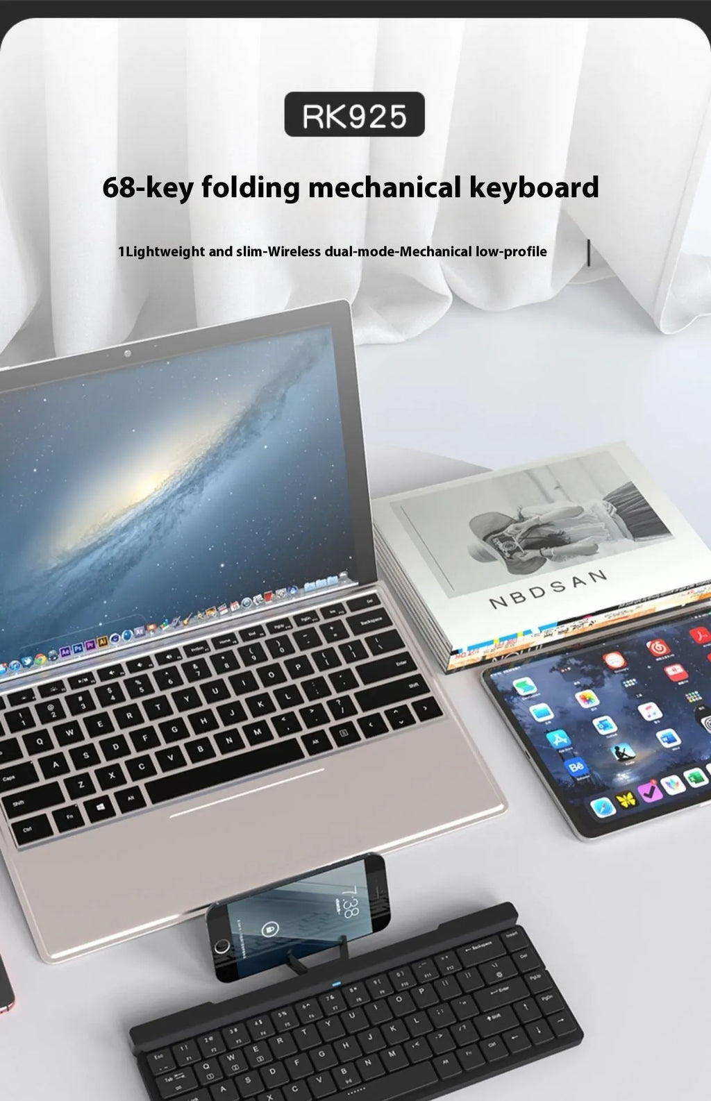 RK925 Bluetooth mechanical keyboard with low axis, black casing, for computer tablet and phone use
