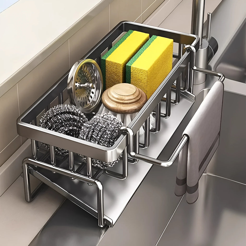 Kitchen sink rag draining rack in carbon steel with three colour options placed beside sink