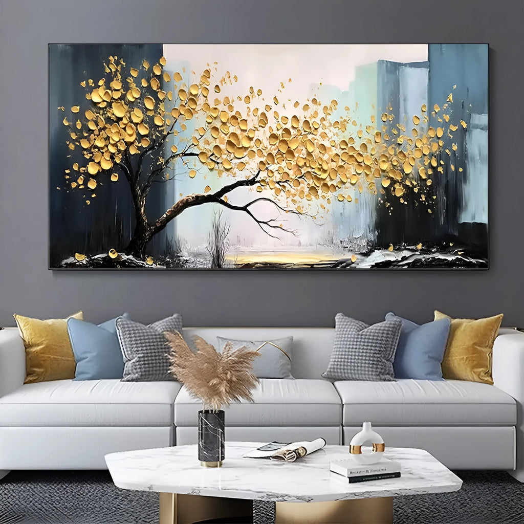 Large handmade oil painting on canvas of a golden tree still life, unframed horizontal single panel for modern wall decor
