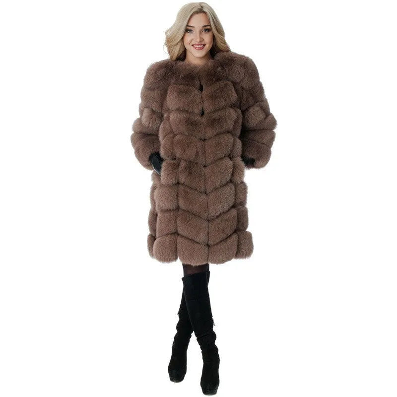 Women's long artificial fur coat in wine red colour, showing regular sleeves and a full-length design.