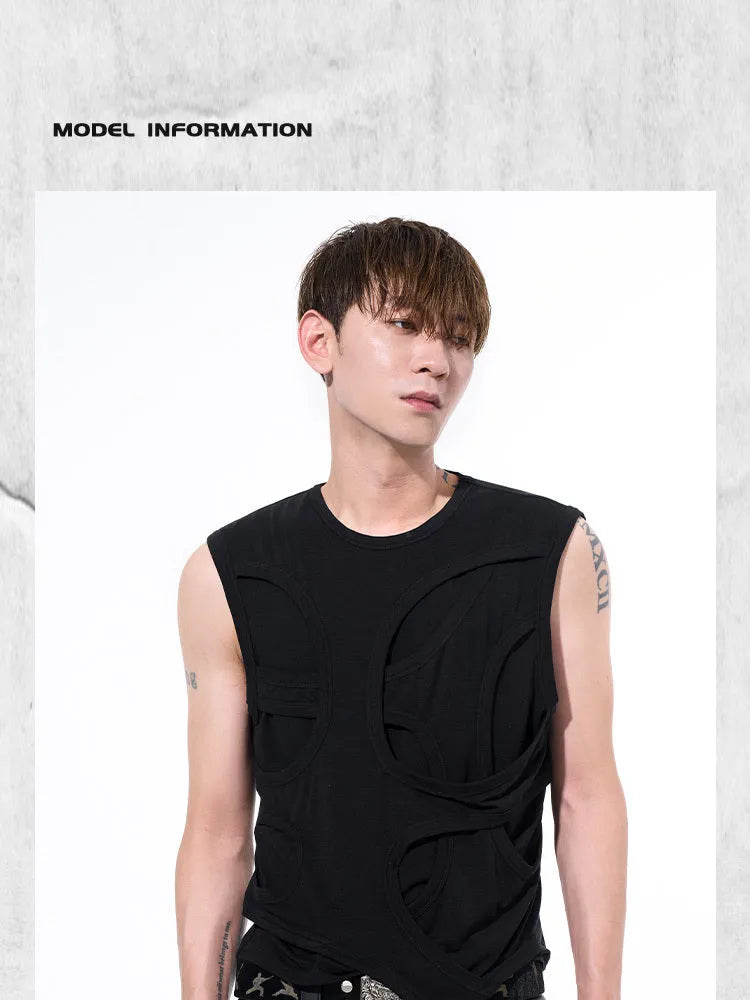 Man wearing a solid grey Lyocell vest, showing standard fit and round neck tank top style.