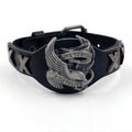 Black geometric leather bracelet with an alloy eagle watch-buttom hardware detail.