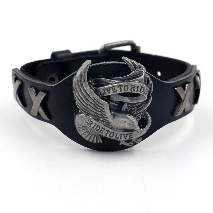 Black geometric leather bracelet with an alloy eagle watch-buttom hardware detail.