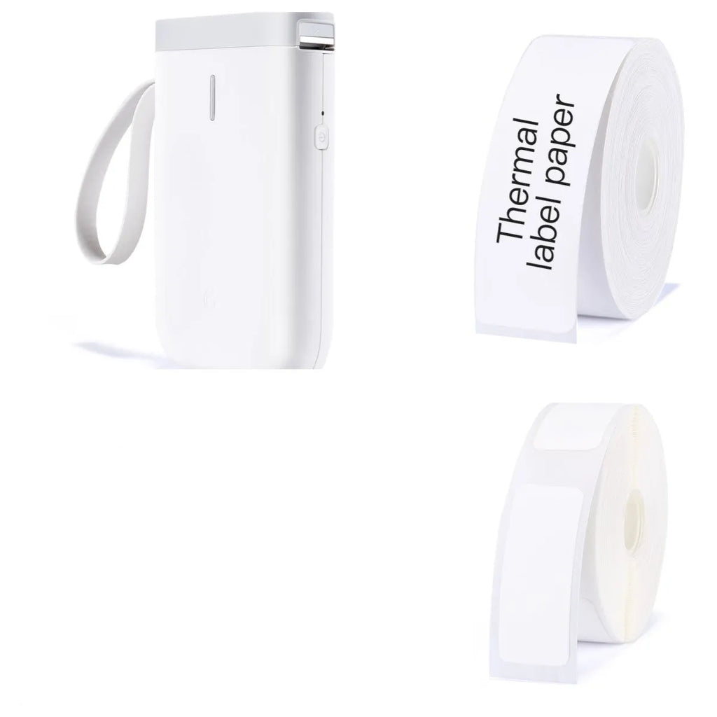 D11 Bluetooth thermal label printer in black, white, pink, or green, shown with smartphone app and printed labels.