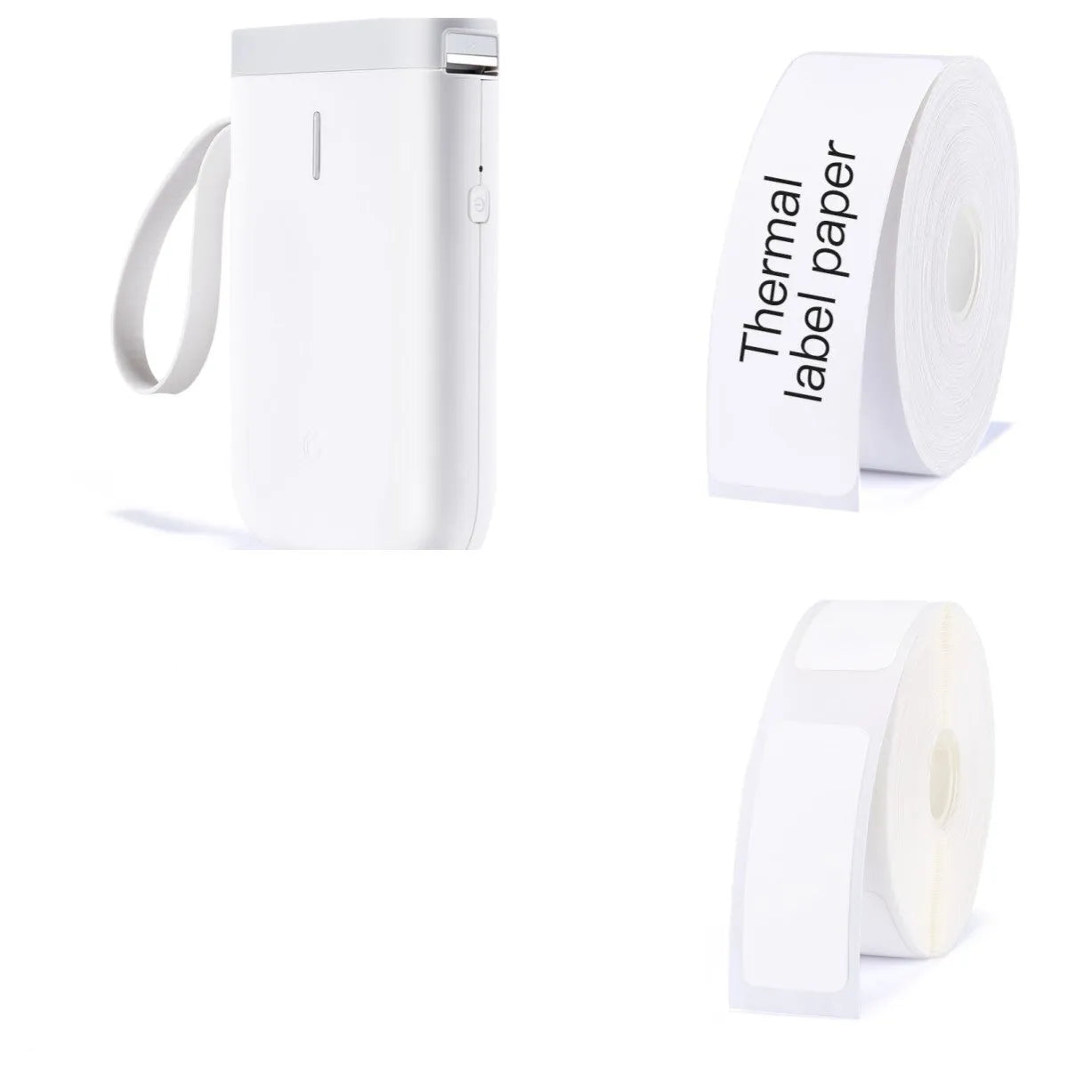 D11 Bluetooth thermal label printer in black, white, pink, or green, shown with smartphone app and printed labels.